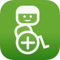Logomarca do software 'Wheelmap' em formato quadrado. Possui o fundo na cor verde e possui uma representação de uma pessoa em uma cadeira de rodas, em branco.
