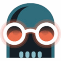 Logotipo do software Dark Reader em formato semicircular, representando uma cabeça estilizada na cor azul escura. Na parte superior, a forma curva sugere o topo da cabeça. Ao centro, dois óculos circulares com lentes laranjas e contornos brancos, com efeito de brilho ou vibração. Na base da figura, quatro pequenos círculos azuis claros representam a boca. O conjunto é caricatural e futurista.