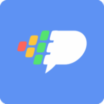 Logotipo do software Expressia. Fundo azul na forma de quadrado com cantos arredondados. No centro, há um balão de diálogo branco orientado para a direita. A parte esquerda do balão se fragmenta em pequenos quadrados nas cores vermelho, laranja, verde e amarelo, sugerindo movimento.