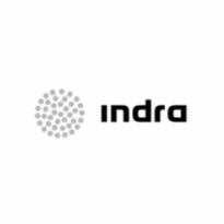 Logotipo da empresa INDRA. Um fundo branco em formato quadrado. À esquerda, um círculo formado por pontos cinza. À direita, a palavra “indra” em letras minúsculas pretas.