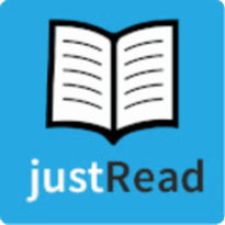 Logotipo do software Just Read. Fundo azul claro em formato quadrado. Ao centro, a imagem de um livro aberto em preto e branco. Abaixo, a palavra “justRead”, com “just” em branco e “Read” em preto.