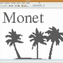 Logotipo do software Monet. Em formato retangular, mostra a interface do programa com fundo branco, barra de menu no topo e, no centro, a palavra “Monet” em fonte pixelada no canto superior esquerdo. Abaixo, três palmeiras em cinza com traço quadriculado, simulando visual tátil para impressão em braille.