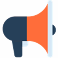 Logotipo do software Read Aloud, com fundo branco em formato quadrado. Ao centro, há a ilustração de um megafone estilizado, com metade do corpo na cor azul escura e a outra metade na cor laranja.