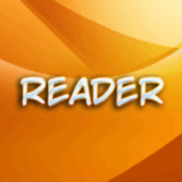 Logotipo do software Reader. Fundo em tons de laranja em formato quadrado. Ao centro, está a palavra “READER” escrita em letras maiúsculas, na cor branca com contorno acinzentado e leve sombra, dando um efeito de destaque. O fundo apresenta um degradê com curvas suaves.