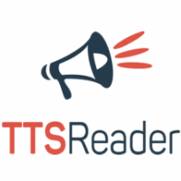 Logotipo do software Text To Speech Reader. Na parte superior, a figura de um alto-falante estilizado, com detalhes nas cores cinza e três elipses vermelhas, sugerindo emissão de som. Abaixo, aparece o nome “TTSReader”.