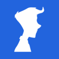Logotipo da ferramenta VLibras. Fundo quadrado azul. No centro, a silhueta do perfil do rosto de um homem na cor branca.