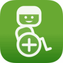 O logotipo do software Wheelmap. Fundo quadrado verde com bordas arredondadas. Ao centro, em traços brancos, a representação estilizada de um cadeirante. Dentro da roda da cadeira, um sinal de mais também em traço branco.